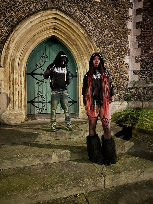 BLACK + STONE PURPLE WASH HALF-CROP "L.I.F" HOODIE